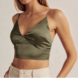 ABERCROMBIE Satin Smocked Sleeveless Crop Tank In Olive Green